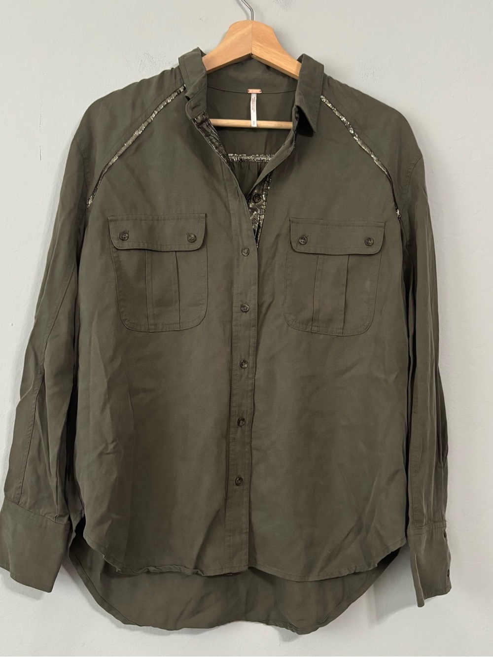 Free People Olive Green Utility Button Up Long Sleeve Top